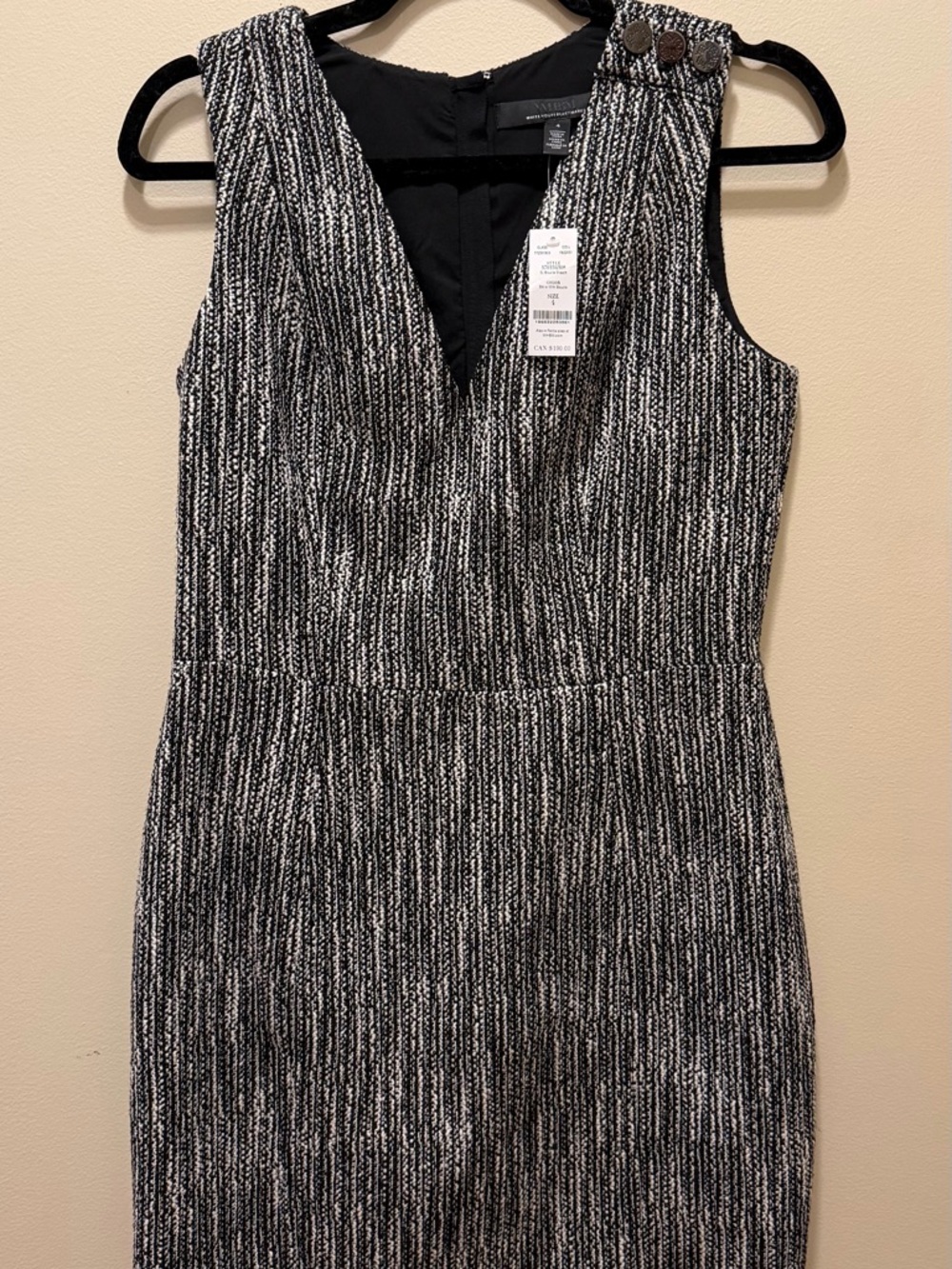 White House Black Market Black and White Textured V-Neck Sheath Dress